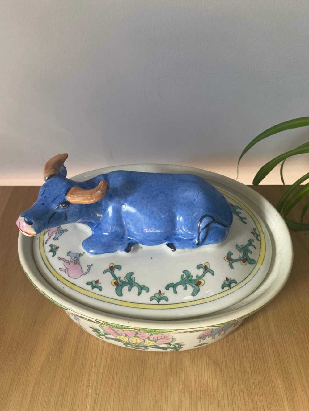 Rare Vintage Ceramic Blue Chinese Water Buffalo Ox Lidded Casserole Dish Tureen - Picture 12 of 14
